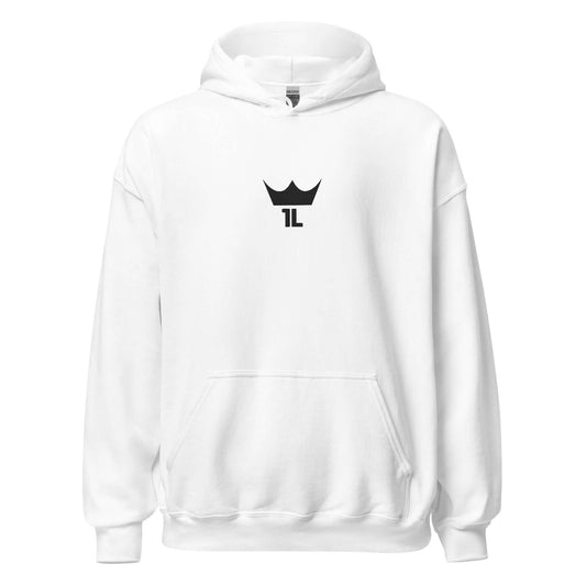 white hoodie with black 1L logo centered on chest