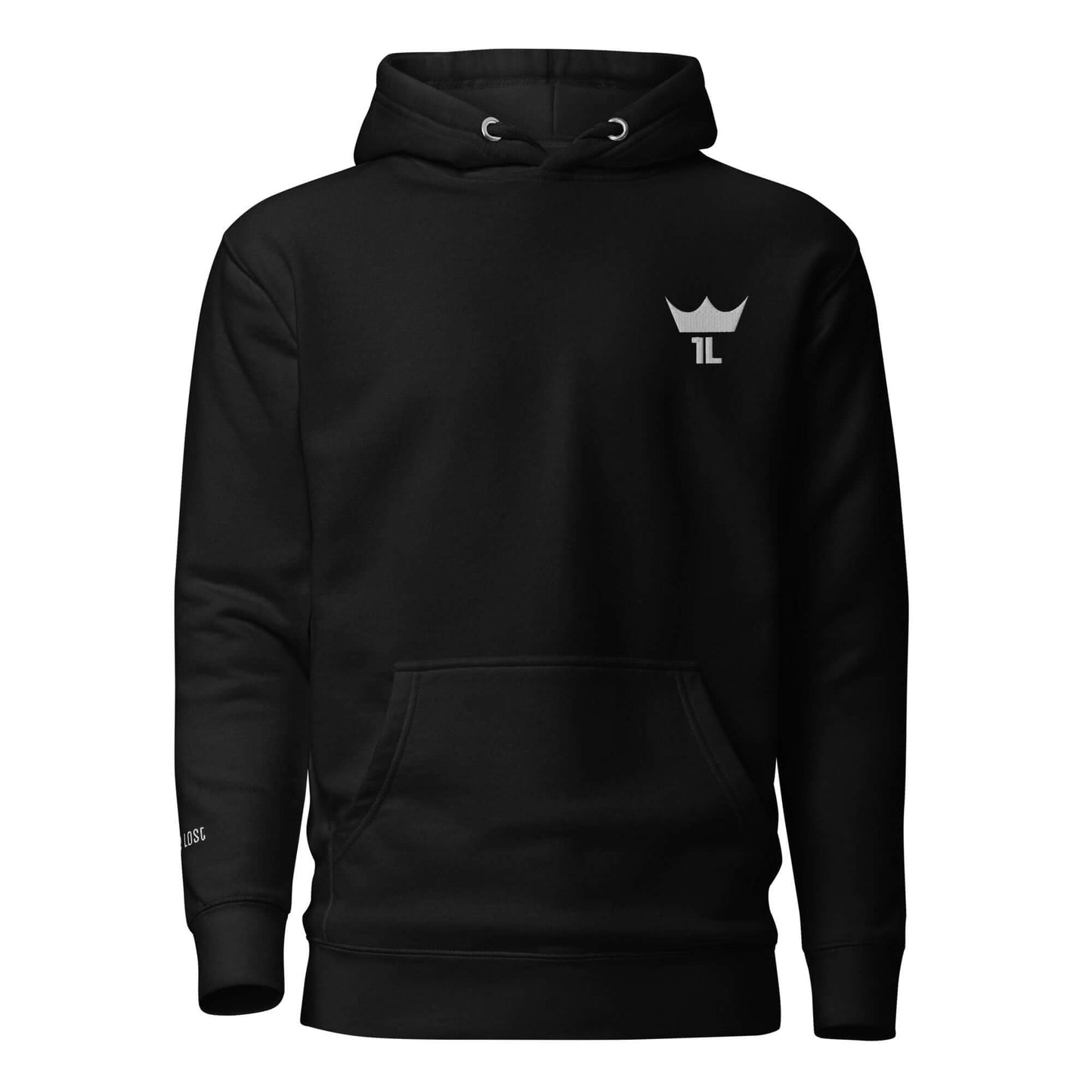 black hoodie with white 1L logo on left side of chest