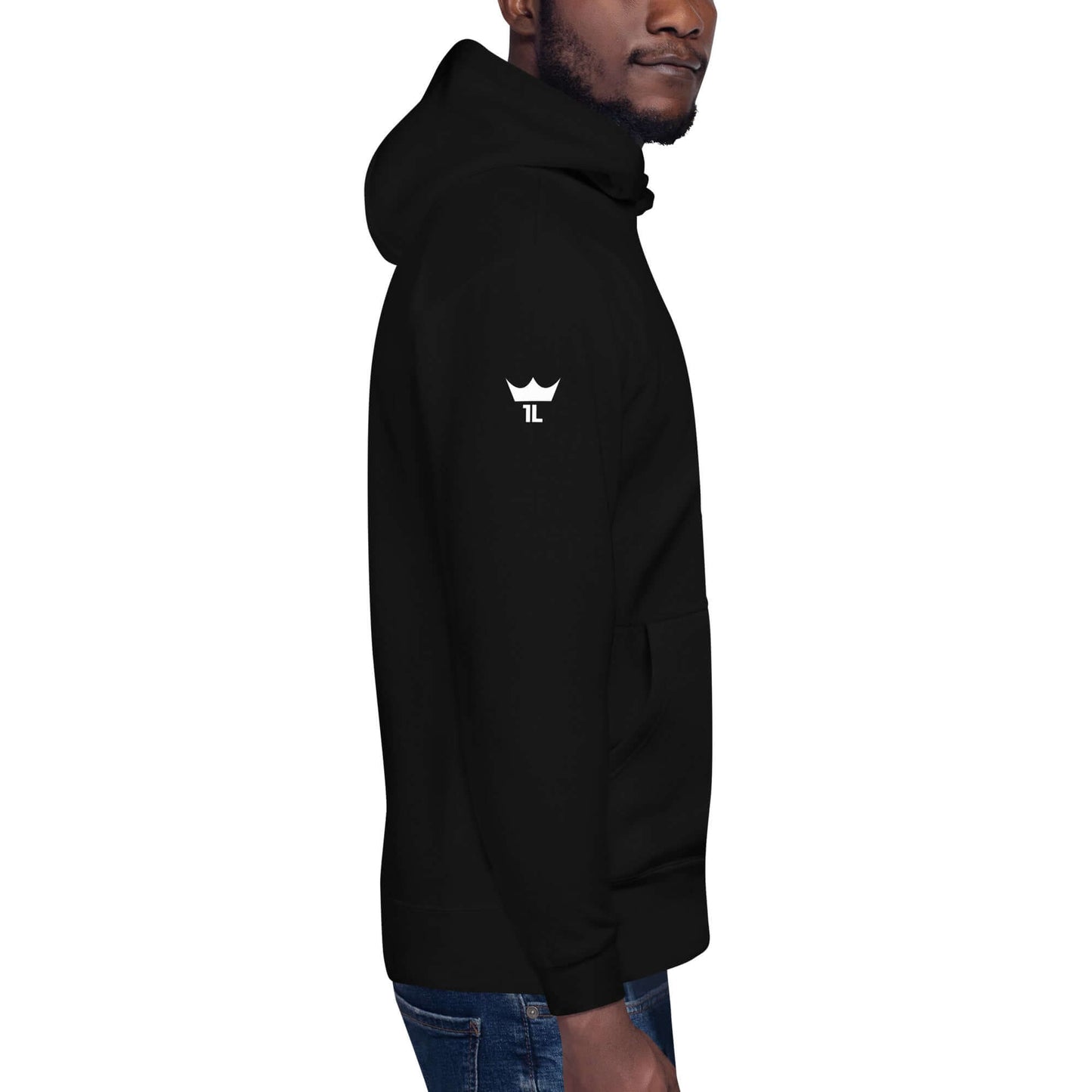right sleeve of black hoodie with white 1L logo near shoulder
