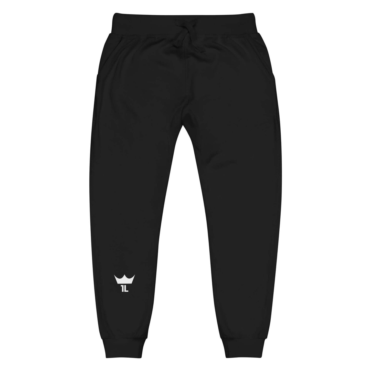 black sweatpants with white 1L logo on the right shin