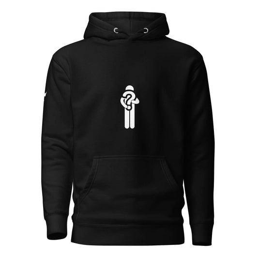 black hoodie with lost man graphic in white