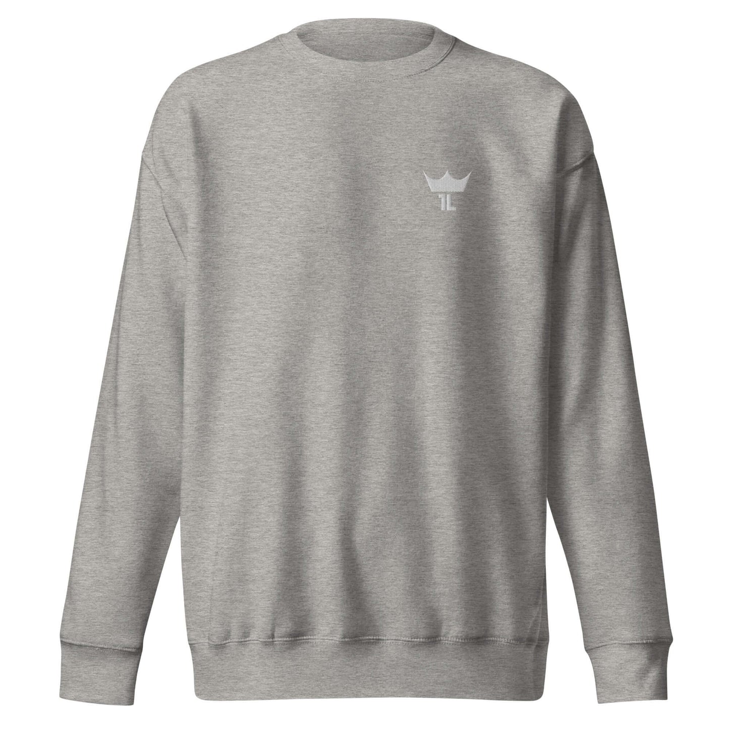 grey crewneck sweatshirt with white 1L logo on left side of chest